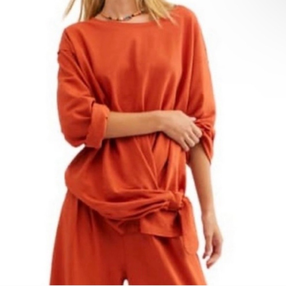 Free People Beach Lax Oversized Top Tie Knot Front Rust Orange Sz M 100% Cotton